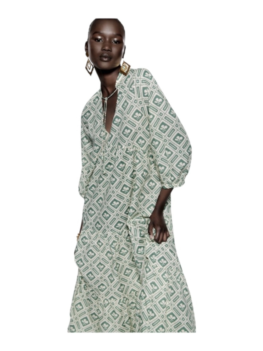 Zara Green Geometric Tiered Midi Dress Sz. S - Picture 10 of 11